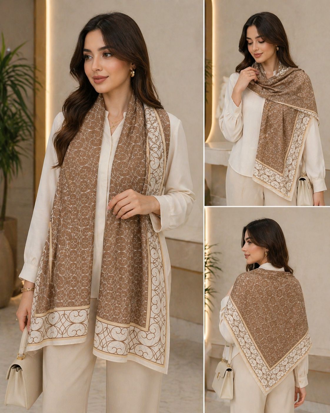 Crepe Chiffon Beige Pattern Scarf